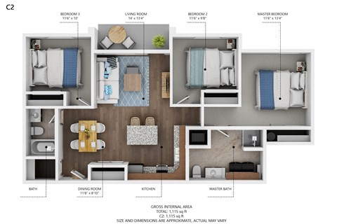 A floor plan of a small apartment with a total living space of 1115 square feet.